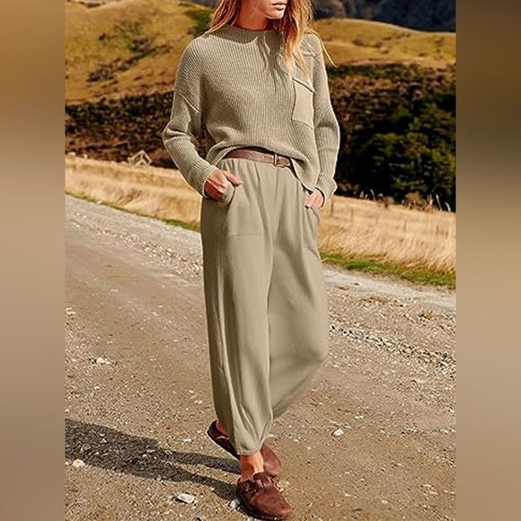 Khaki Comfy Fall Knit Top and Joggers Set